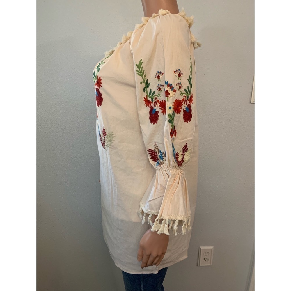 Tan Embroidered Floral, Bird Design and Ruffled, Tasseled 3/4 Sleeve Tunic - Picture 9 of 14